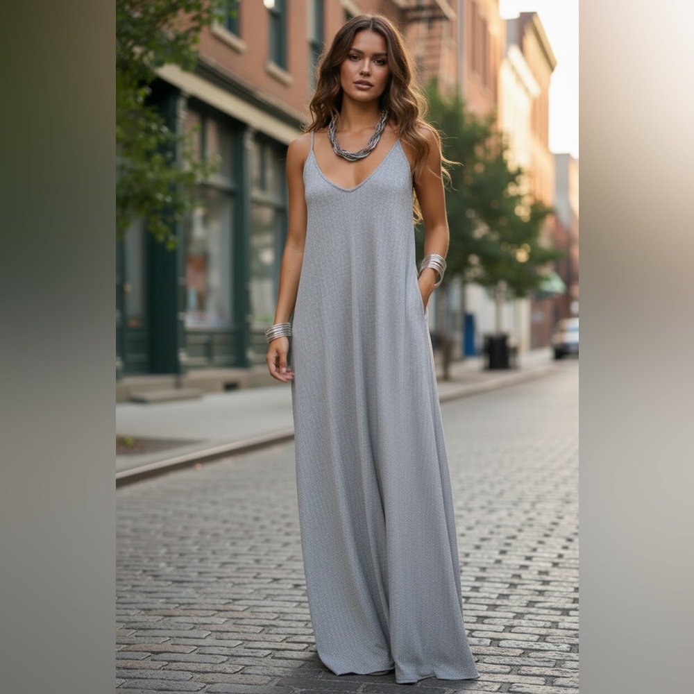 ELANA 100% Rayon Oversized Gray Cocoon Maxi Dress Small Boho Adjustable Strap